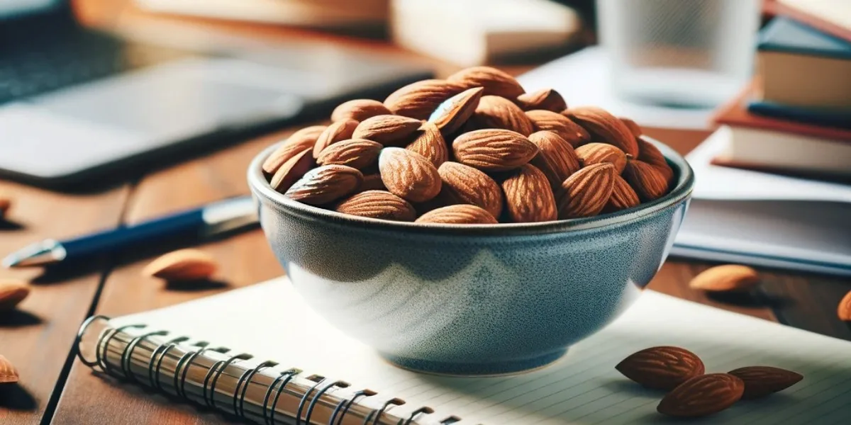 Student enjoying almonds as a healthy snack while studying