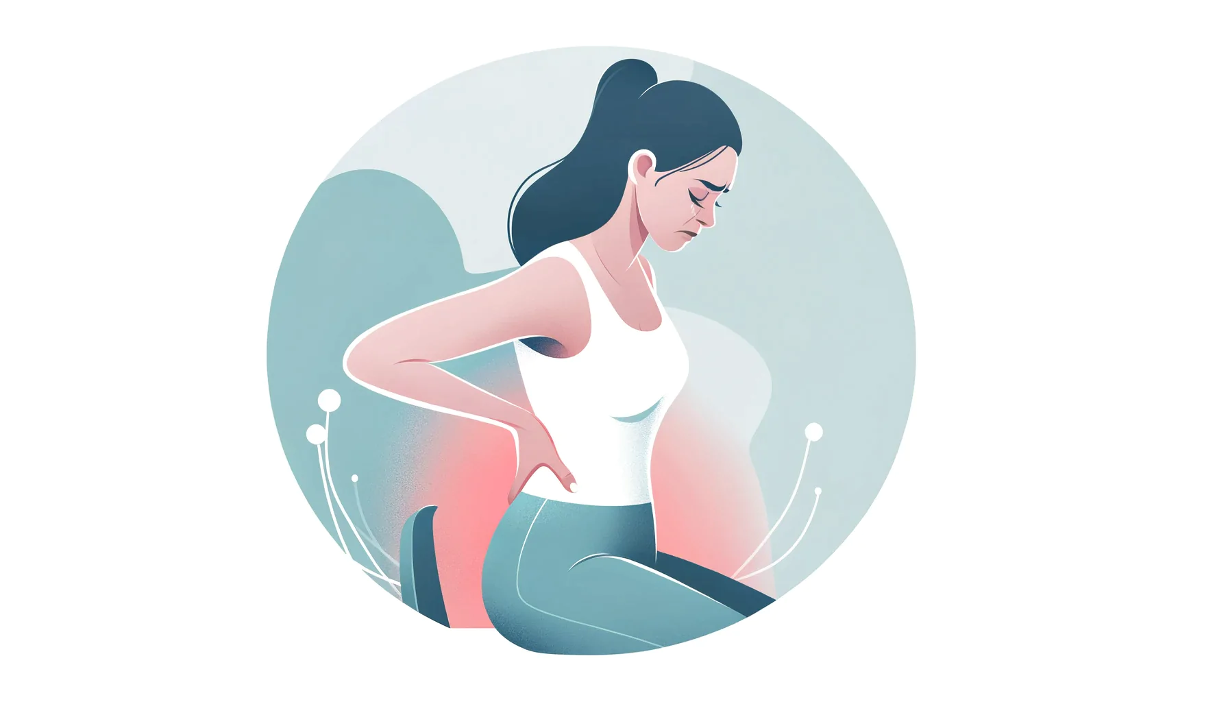 A blog banner showing a woman experiencing back pain. The woman, depicted in a modern style, is holding her lower back in a gesture of discomfort, set against a soft-colored, minimalistic background, conveying a sense of health and wellness.