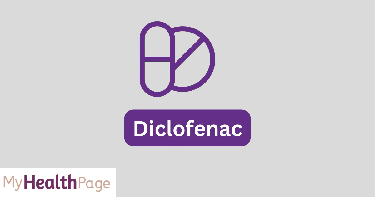 Illustration of Diclofenac tablets and a pain relief icon.